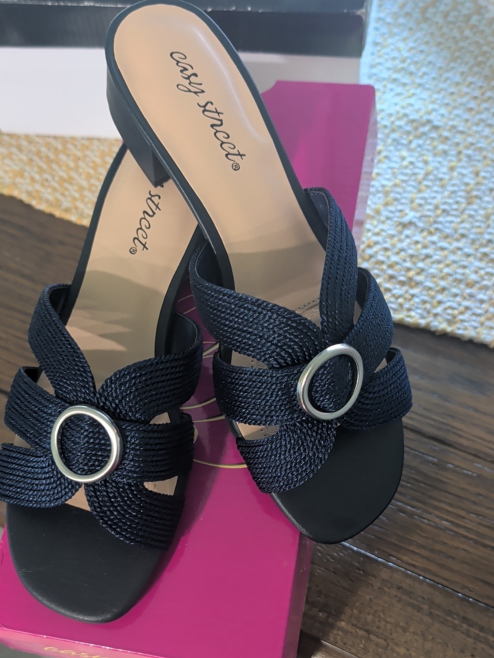 Brand New easy street Navy Blue 💙 Braided Strap Slip-On Heeled Mules